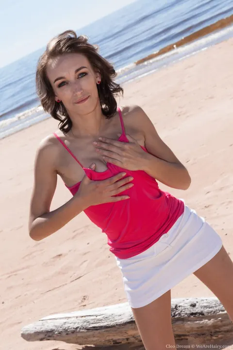 Cleo Dream: Skinny Brunette Bares Her Hairy Pussy on the Beach – photo 3 of 17
