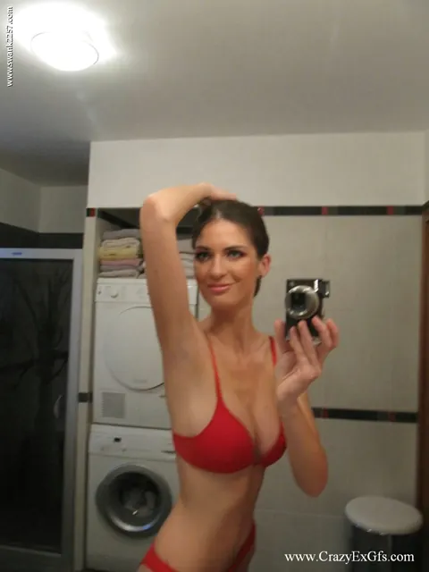 Busty Brunette Pulls Lingerie Aside at the Bathroom Mirror – photo 5 of 20