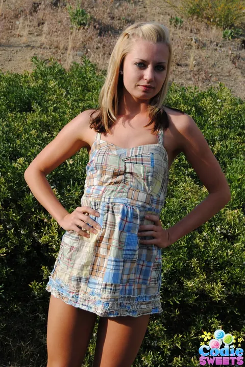 Skinny Blonde Strips Off Her Skirt and Poses Nude Outdoors – photo 1 of 12