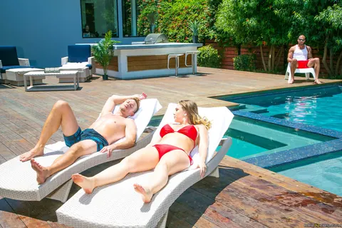 Kagney Linn Karter: Blonde in Panties Takes Interracial Anal Doggy Style in Poolside Threesome – photo 1 of 21