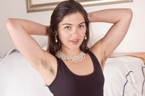 Felix Weatherwood: Petite Brunette Strips in Heels and Spreads Hairy Pits and Pussy – photo 2 of 13
