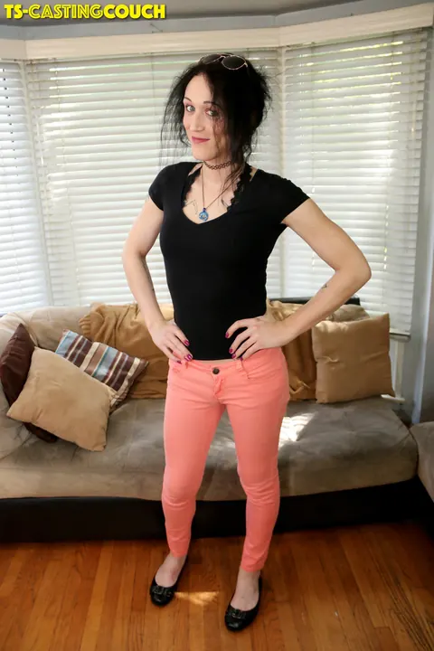 Trans Woman with Small Tits Strips Nude and Poses on the Sofa – photo 1 of 16