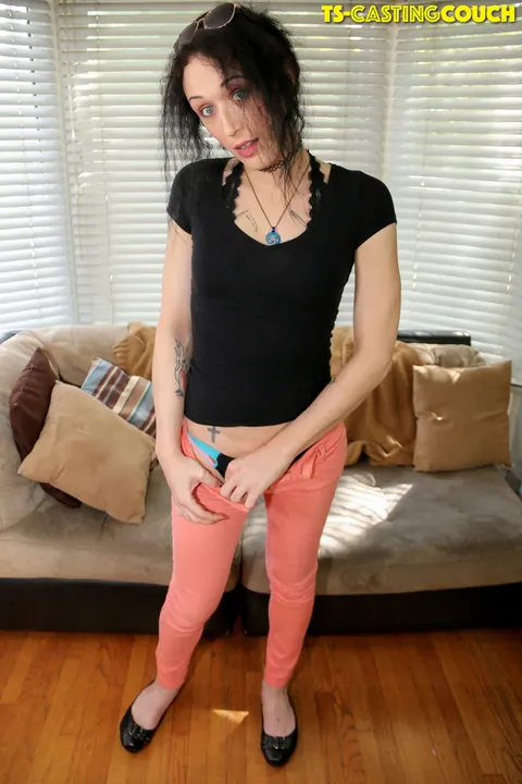 Trans Woman with Small Tits Strips Nude and Poses on the Sofa – photo 3 of 16