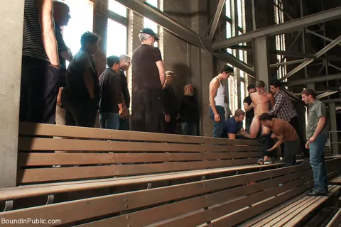 Two Naked Men in Public Bondage and Handjob Outdoors – photo 20 of 21