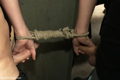 Two Naked Men in Public Bondage and Handjob Outdoors – photo 15 of 21
