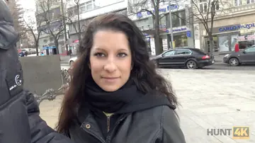 European Brunette in Jeans Sucks and Fucks in a Public Threesome