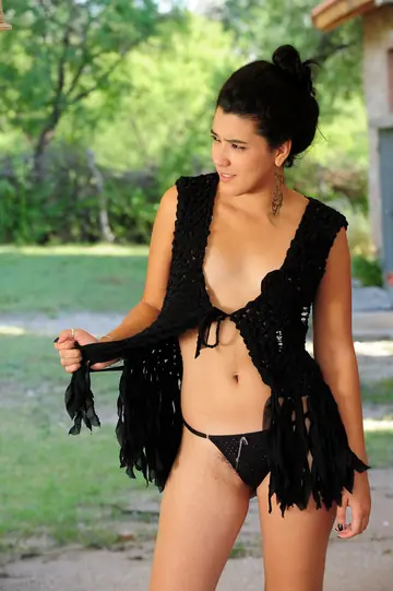 Brunette Latina Pulls Panties Aside and Spreads Her Hairy Pussy Outdoors
