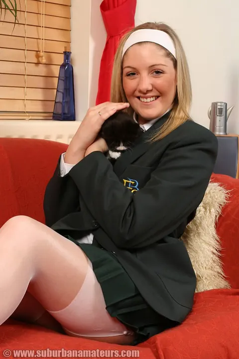 Sara Stevens: British Blonde in Stockings Strips and Fingers Her Pussy – photo 1 of 21