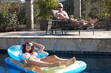 Thick Redhead MILF Gets Oiled and Fucked by the Pool