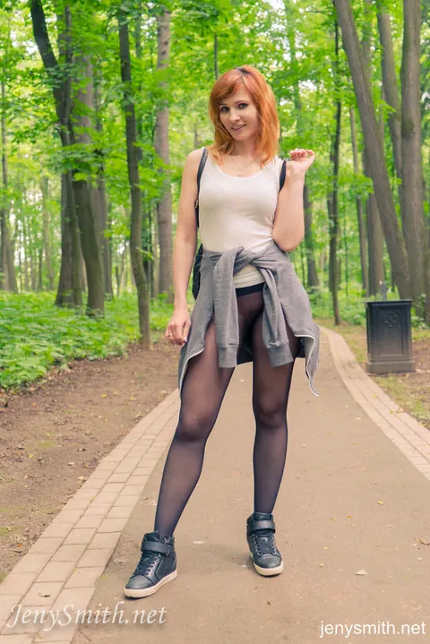 Jeny Smith: Redhead in Sheer Pantyhose Reveals Crotch Outdoors – photo 2 of 16
