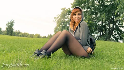 Jeny Smith: Redhead in Sheer Pantyhose Reveals Crotch Outdoors – photo 8 of 16