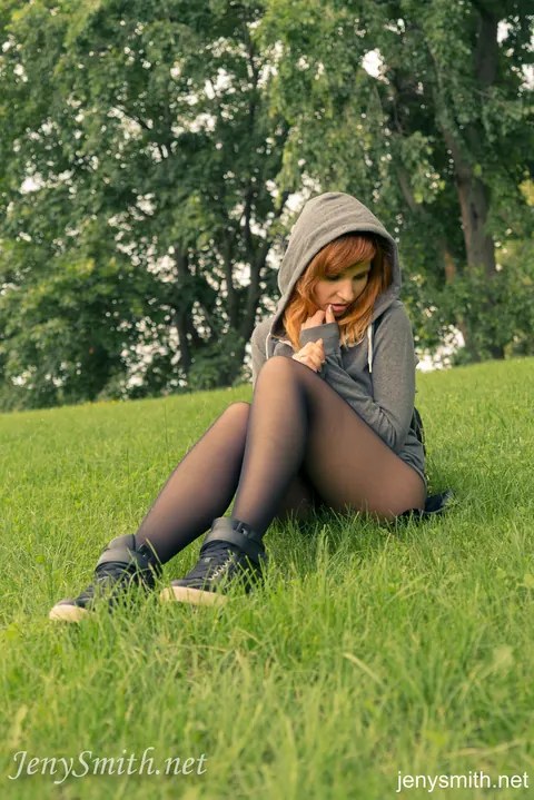 Jeny Smith: Redhead in Sheer Pantyhose Reveals Crotch Outdoors – photo 5 of 16