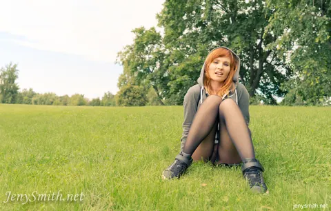 Jeny Smith: Redhead in Sheer Pantyhose Reveals Crotch Outdoors – photo 14 of 16