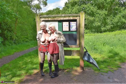 Two Mature British Women Flash in Pantyhose and Boots at a Public Park – photo 6 of 16