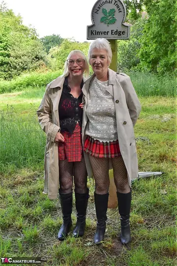 Two Mature British Women Flash in Pantyhose and Boots at a Public Park