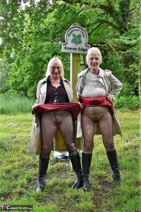 Two Mature British Women Flash in Pantyhose and Boots at a Public Park – photo 3 of 16