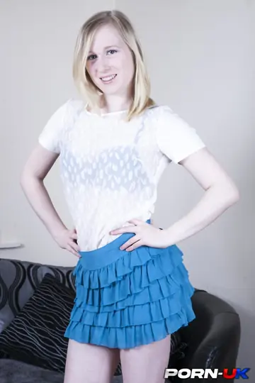 Busty British Blonde in a Skirt Sucks Cock and Takes a Cumshot