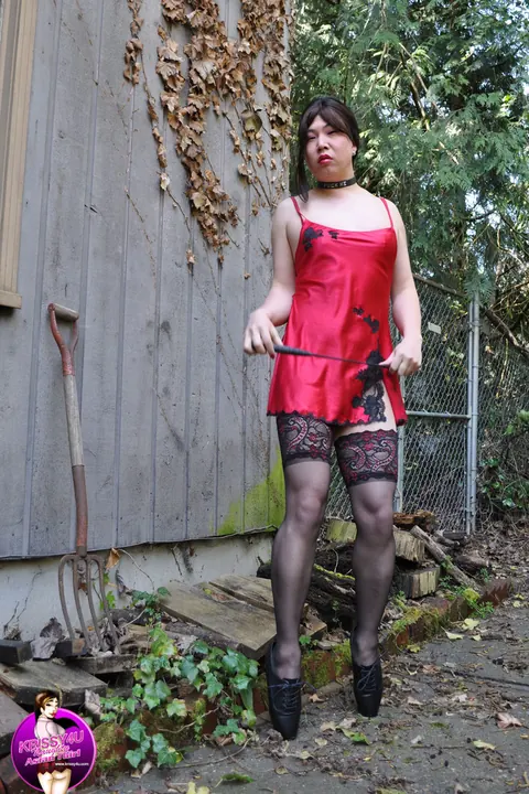 Asian Trans Woman Poses in Stockings and Heels Outdoors – photo 2 of 16