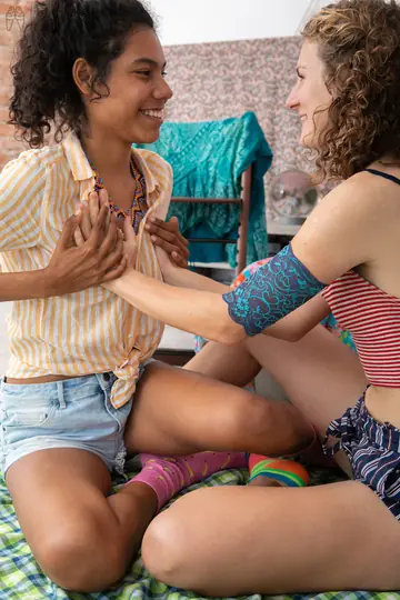 Busty Curly Latina and Friend Strip, Finger and Lick Hairy Pussies