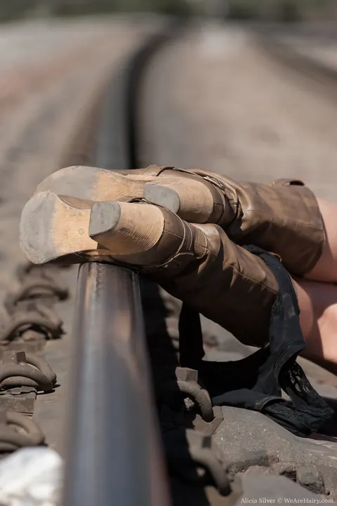 Alicia Silver: Thick Blonde MILF in Glasses Shows Her Hairy Pussy on Railway Tracks – photo 13 of 17