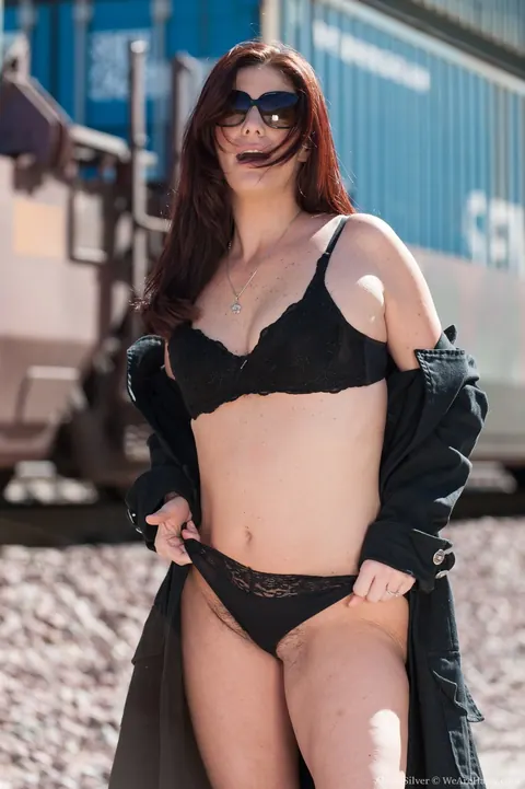 Alicia Silver: Thick Blonde MILF in Glasses Shows Her Hairy Pussy on Railway Tracks – photo 3 of 17
