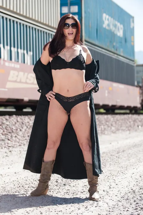 Alicia Silver: Thick Blonde MILF in Glasses Shows Her Hairy Pussy on Railway Tracks – photo 2 of 17