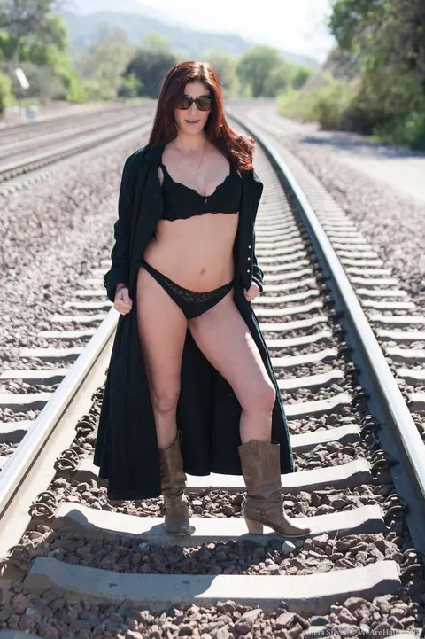 Alicia Silver: Thick Blonde MILF in Glasses Shows Her Hairy Pussy on Railway Tracks – photo 5 of 17