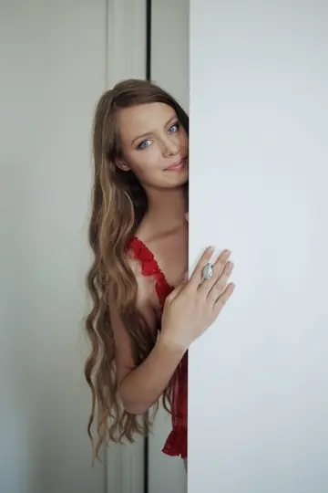 Milana K – Tall Slim Blonde in Lingerie Pulls Panties Aside to Spread