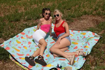 Casey Nohrman – Blonde and Brunette in Shorts Have Lesbian Sex on a Blanket