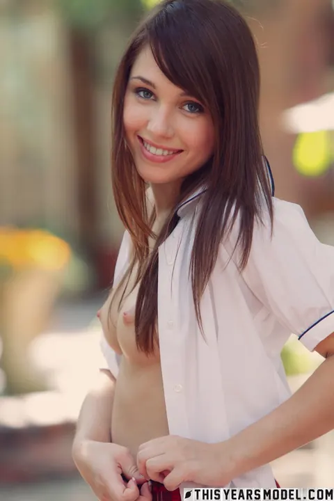Marissa Mei: Thick Redhead in a Skirt and Uniform Top Poses in the Garden – photo 10 of 15