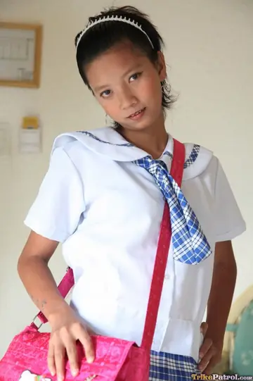 Petite Filipina in Uniform Lifts Hem and Spreads Her Pussy