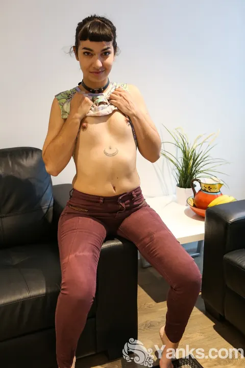 Allegra Sphynx: Australian PAWG Brunette with Pierced Nipples Fingers Her Hairy Pussy – photo 2 of 17