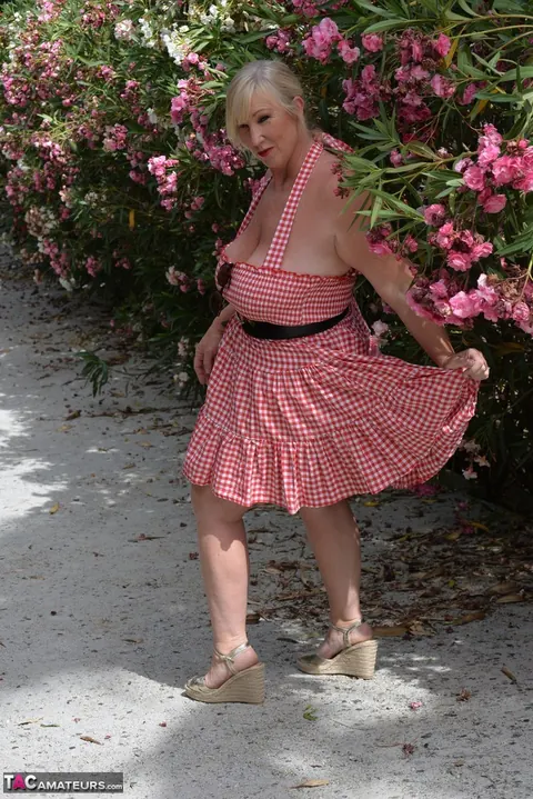 Melody Charm: Curvy Mature Blonde Shows Her Big Natural Tits in a Skirt – photo 6 of 16