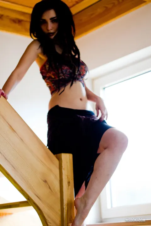 Alice Avreg: Thick European Brunette Pulls Panties Aside on Wooden Stairs – photo 12 of 16