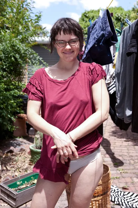 Pale Brunette in Glasses Spreads Her Hairy Pussy Outdoors – photo 4 of 20