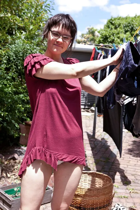 Pale Brunette in Glasses Spreads Her Hairy Pussy Outdoors – photo 3 of 20