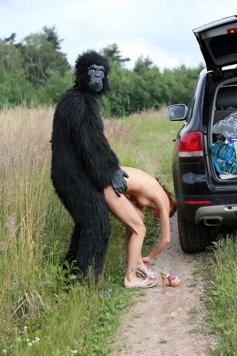 Woman Kisses and Fucks Gorilla-Suited Man Outdoors – photo 16 of 20