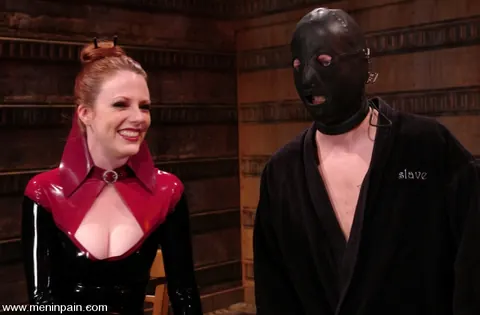 Lady Lydia McLane: British MILF in Latex Dominates Hooded Slave – photo 1 of 10