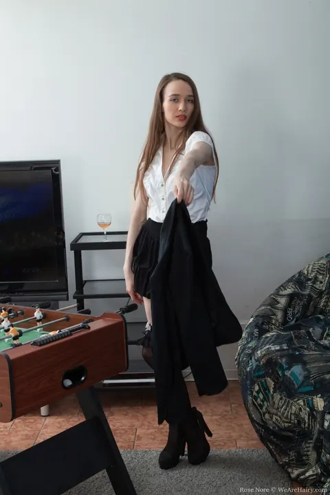 Rose Nore: Slim Russian Brunette Spreads Her Hairy Pussy Over a Foosball Table – photo 4 of 21