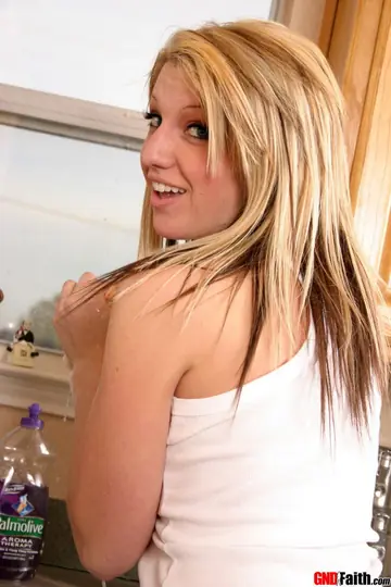Blonde with Big Tits Strips to Panties and Socks in the Kitchen