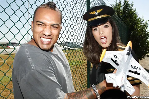 Aries Knightly: Busty Brunette in Uniform Sucks and Fucks a Black Man Outdoors – photo 1 of 16