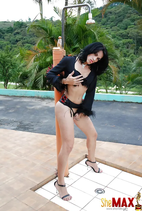 Brunette Trans Woman Strips Outdoors and Strokes Her Cock – photo 2 of 16