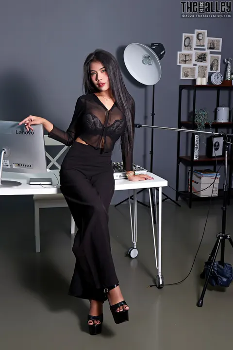 Asian Brunette in Lingerie Strips at Her Desk – photo 3 of 16
