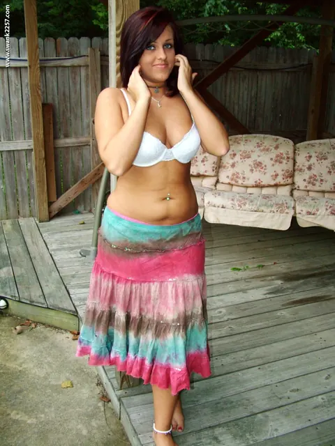 Chubby Brunette Bares Her Big Tits Outdoors in a Skirt – photo 2 of 15