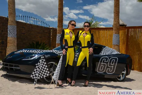 Dillion Harper: Busty Brunettes in Uniform and Heels Share a Cock on a Sports Car – photo 1 of 21