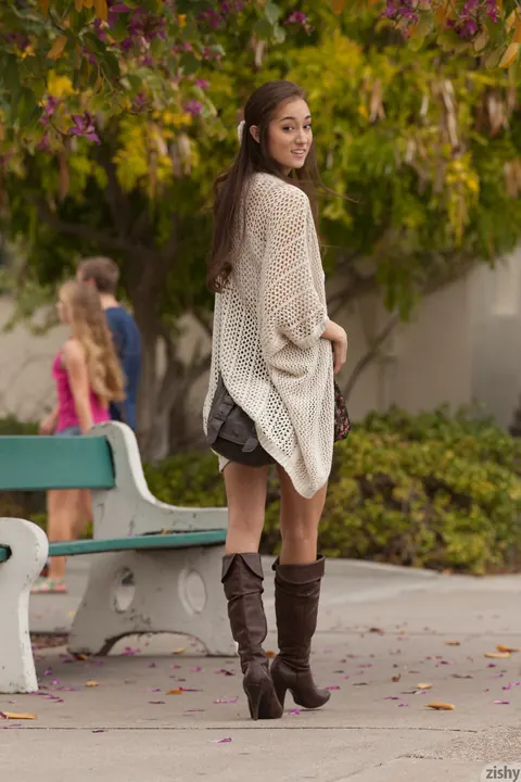 Carlee Delima: Petite Brunette in Stockings and Boots Spreads Outdoors – photo 5 of 11