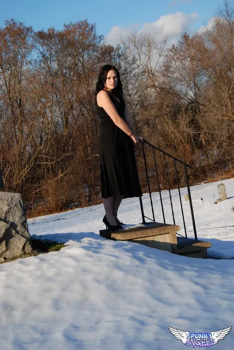 Emily Love: Brunette Flashes Her Natural Tits in a Winter Graveyard – photo 9 of 12