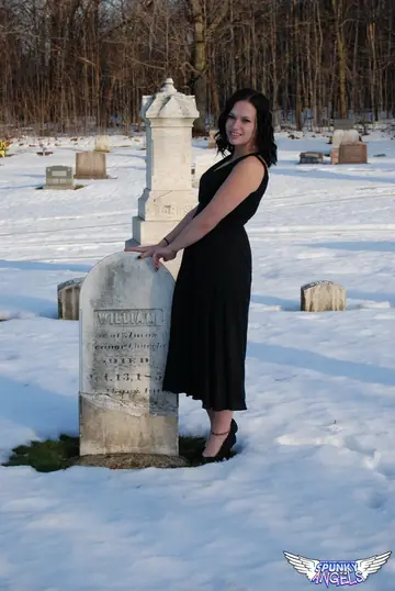 Emily Love – Brunette Flashes Her Natural Tits in a Winter Graveyard