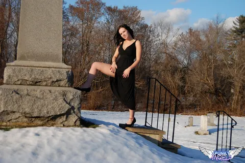 Emily Love: Brunette Flashes Her Natural Tits in a Winter Graveyard – photo 8 of 12
