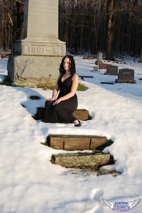 Emily Love: Brunette Flashes Her Natural Tits in a Winter Graveyard – photo 5 of 12